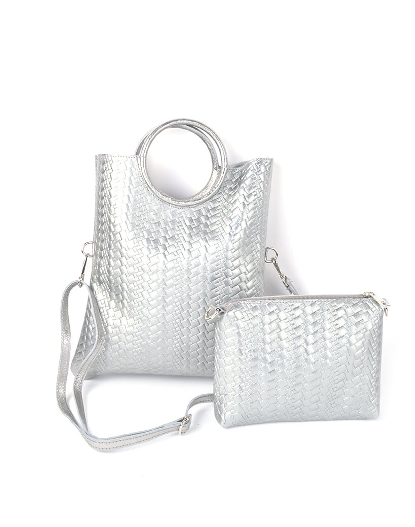 Lederen metallic handtas met een gevlochten look