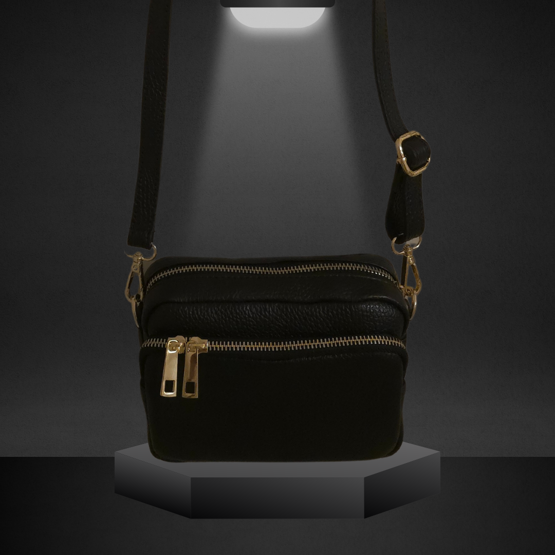 Zwarte leren Crossbody handtas met gouden ritssluiting