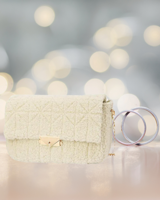 Handtas met teddy stof gestikt Off-white PU