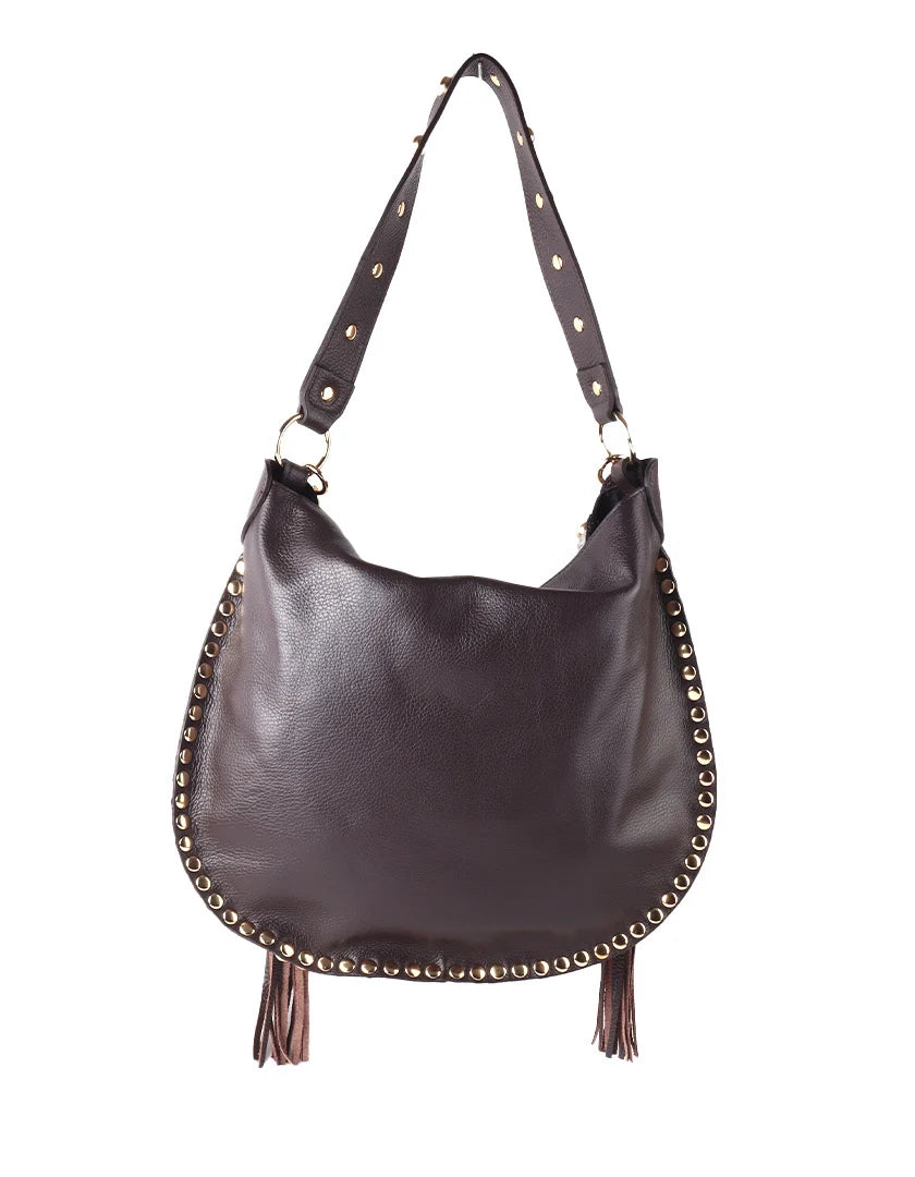 Lederen western hobo-tas met studs, franjes en luxe koeienhuidlook.