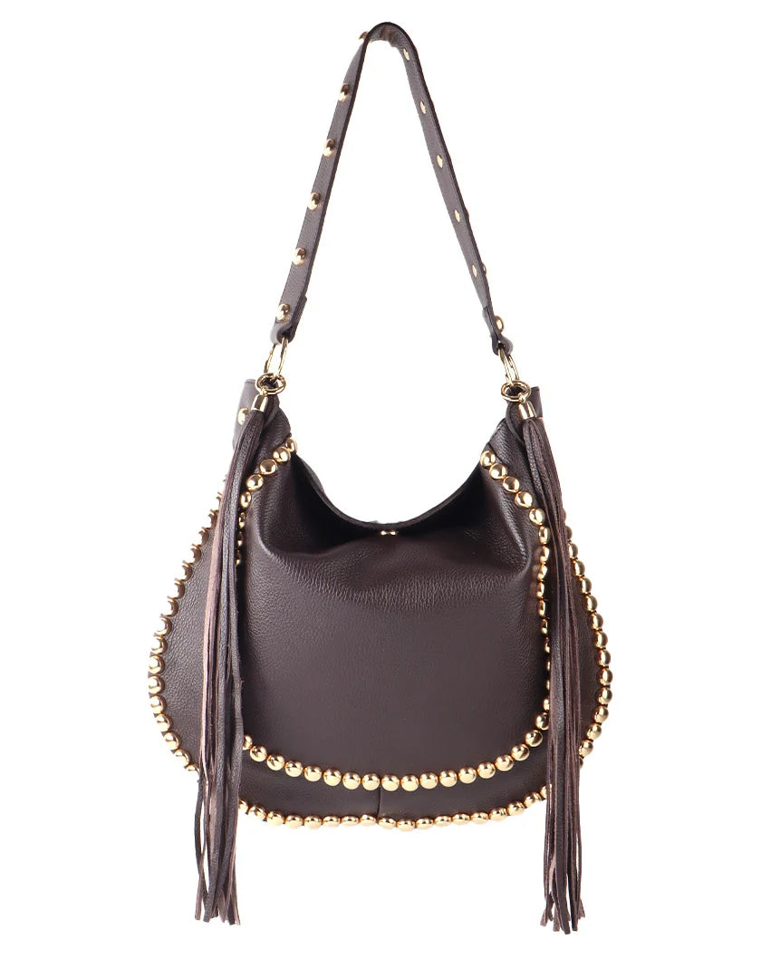 Luxe leren schoudertas met gouden studs