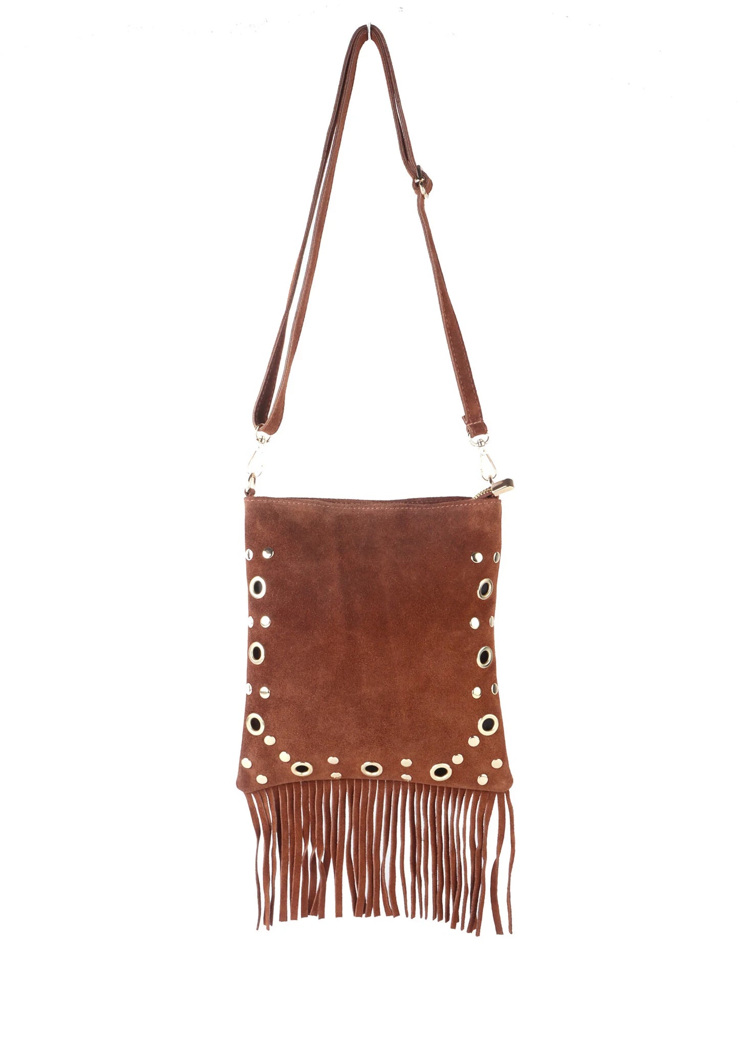 Trendy suède schoudertas met boho-uitstraling