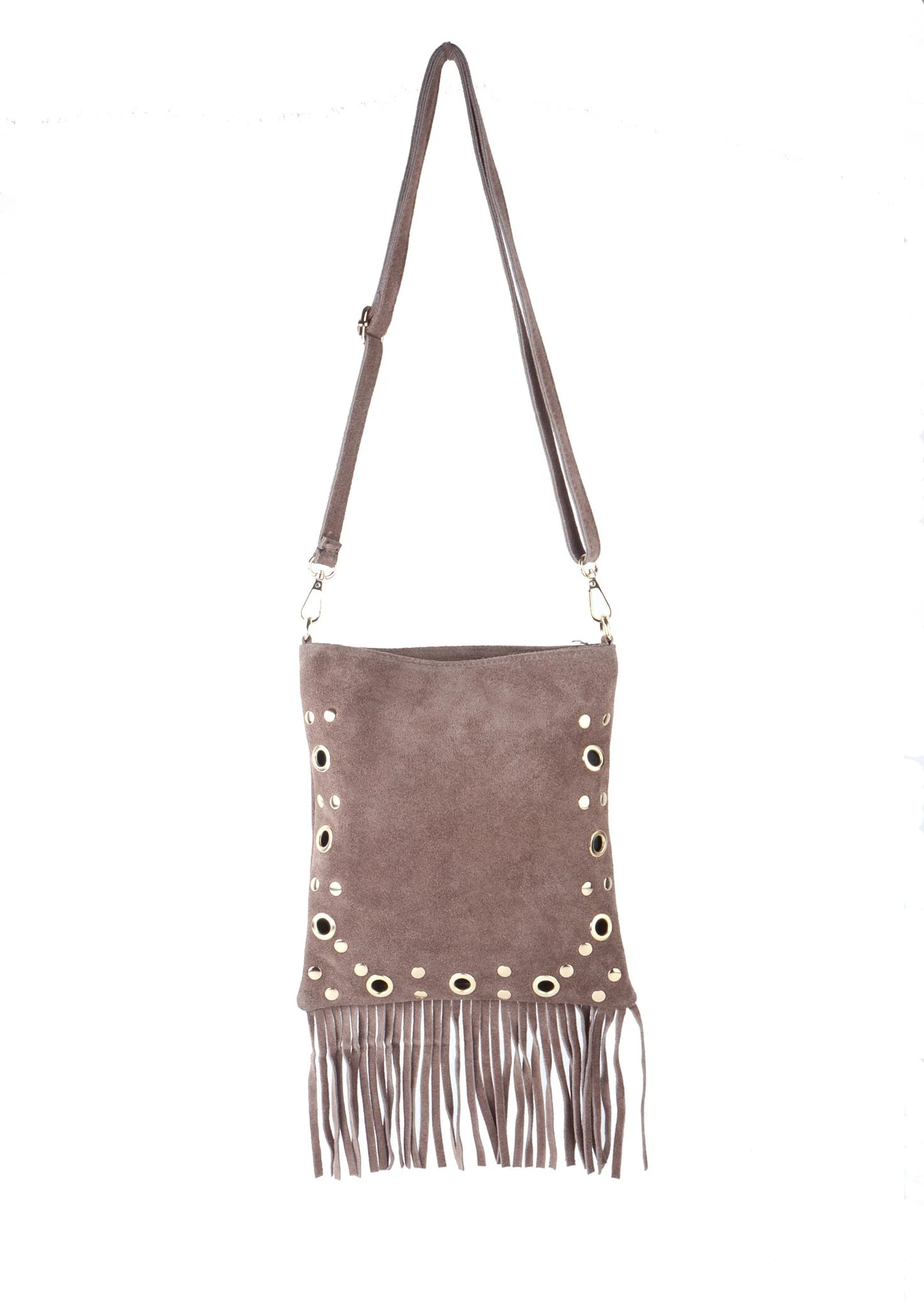 Trendy suède schoudertas met boho-uitstraling