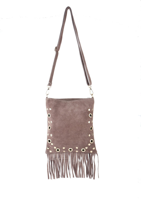Trendy suède schoudertas met boho-uitstraling