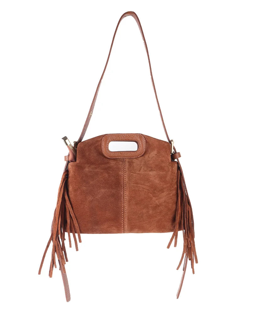 Stijlvolle schoudertas van suède met speelse franjes