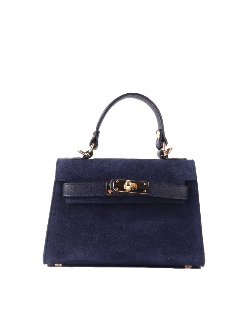 Chique suède handtas van echt leer met goudkleurige draaisluiting.