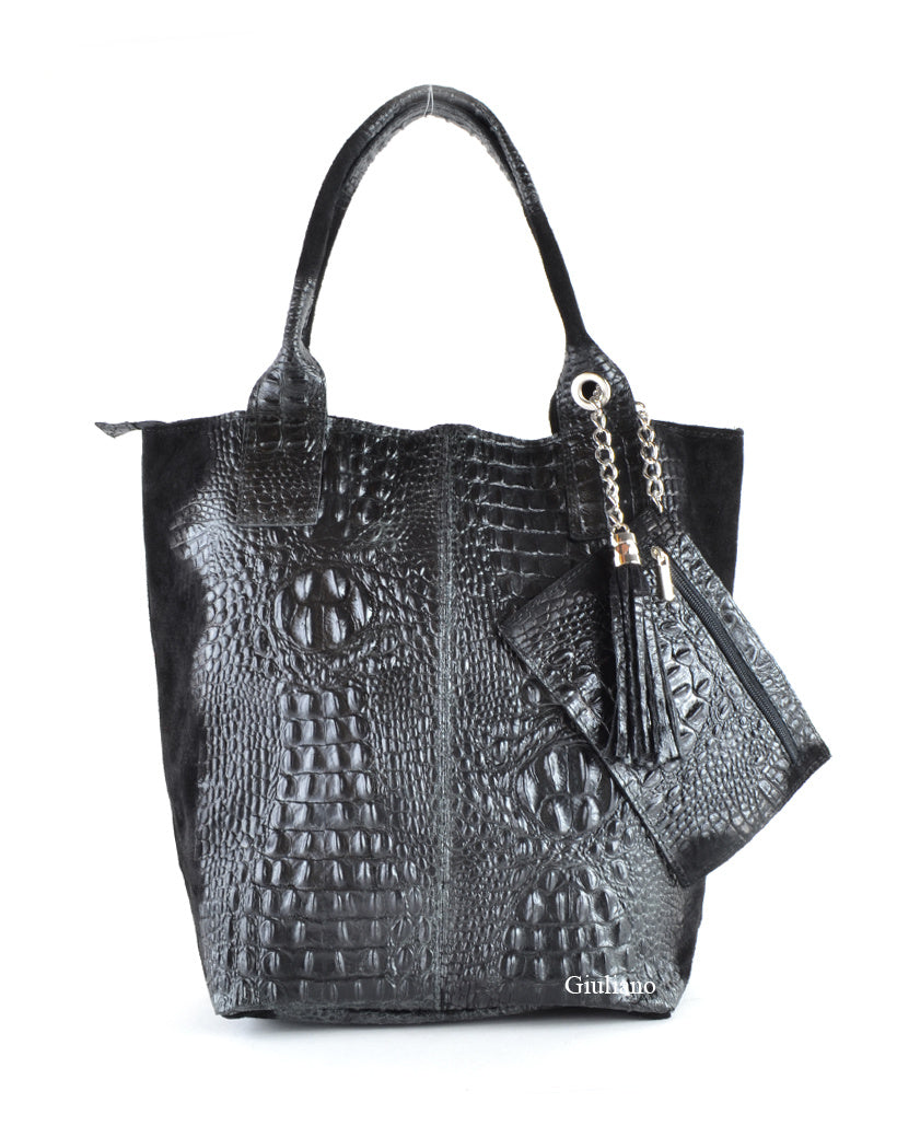 Suede/leer kroko shopper