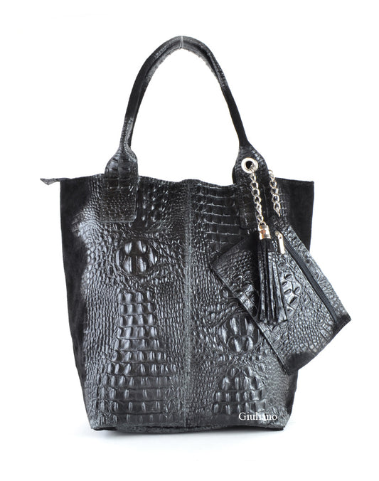 Suede/leer kroko shopper